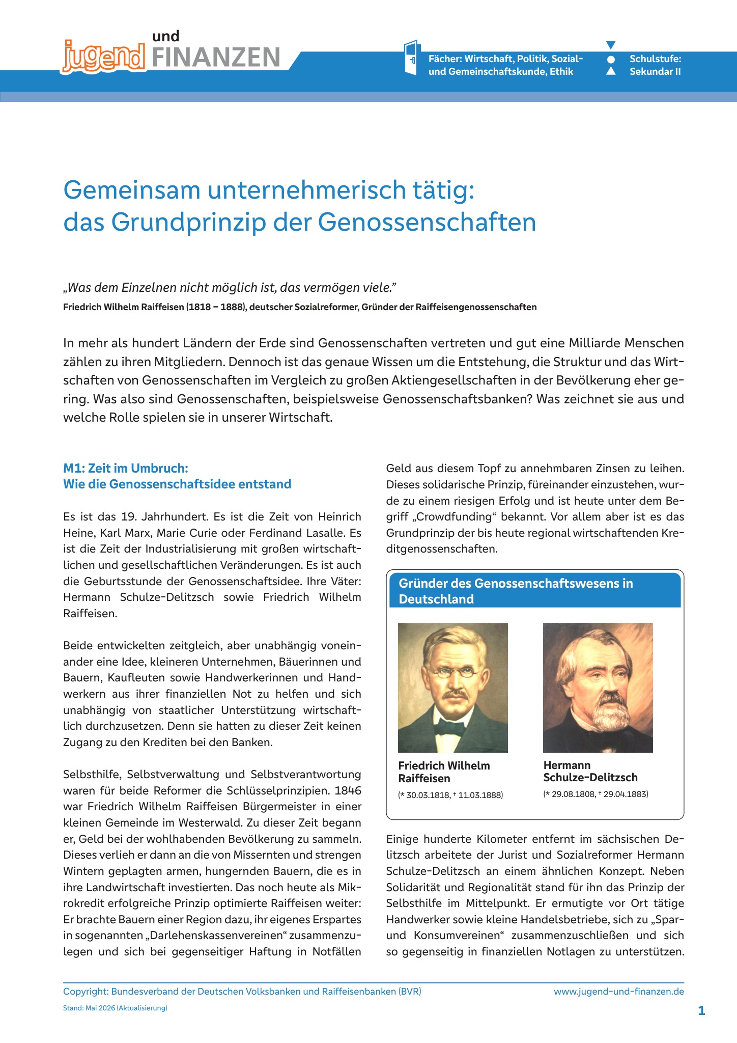 Arbeitsblatt "Gemeinsam unternehmerisch tätig – das Grundprinzip der Genossenschaften"